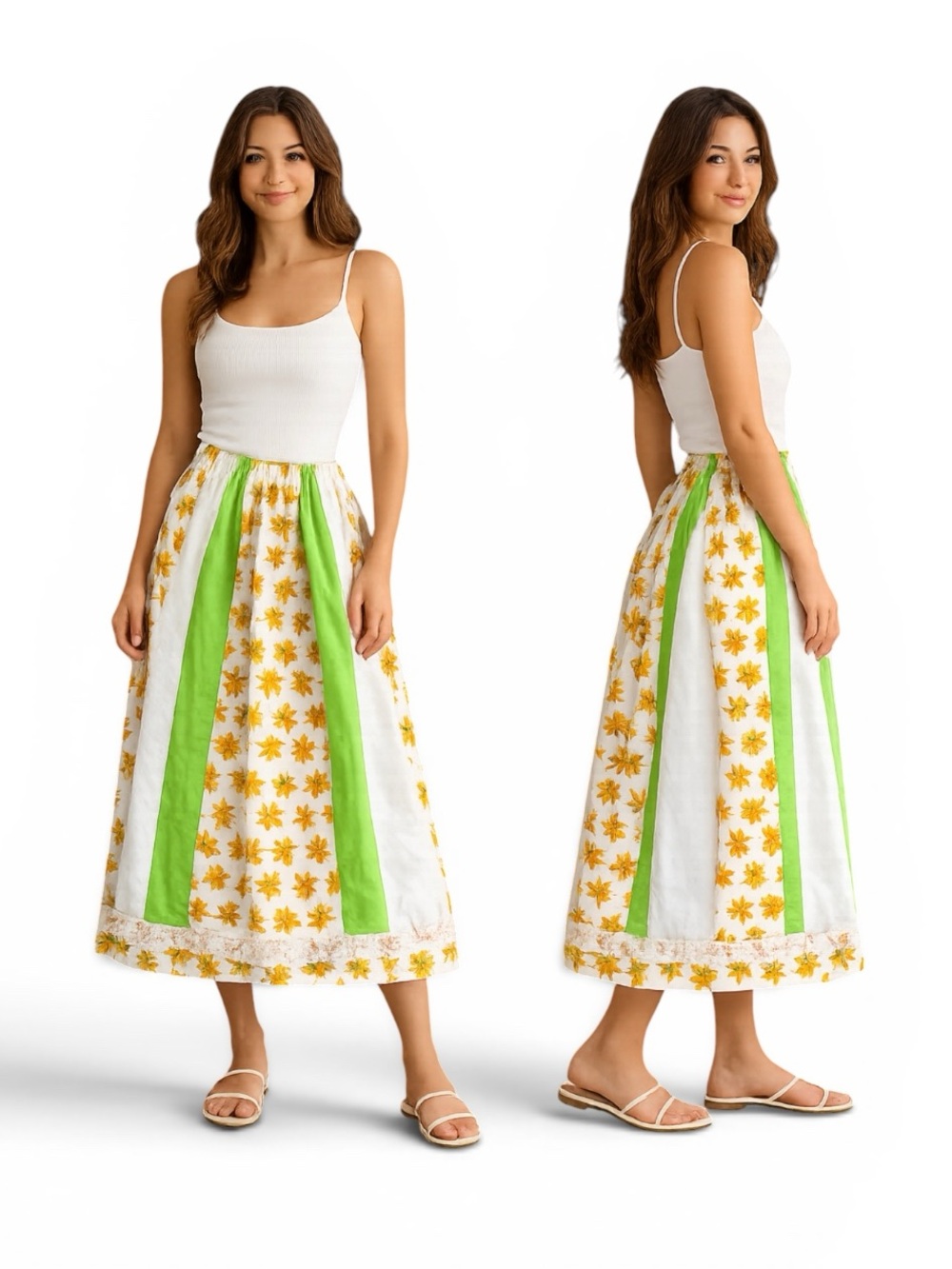 Vtg 70s Daisy Patchwork Cottgecore Midi Maxi Skirt Boho Floral Lace Hem Folk